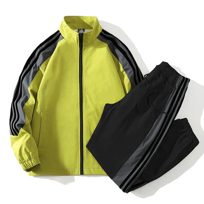 Yellow jacket and black pants with stripes on a white background