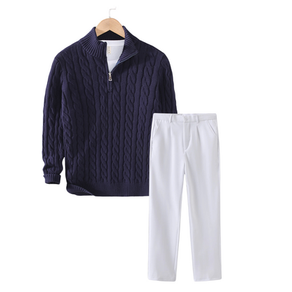 Winter Outfit – Polo Brunch | Men's Cable-Knit Sweater & Tailored Trousers Bundle – Stylish Winter Look