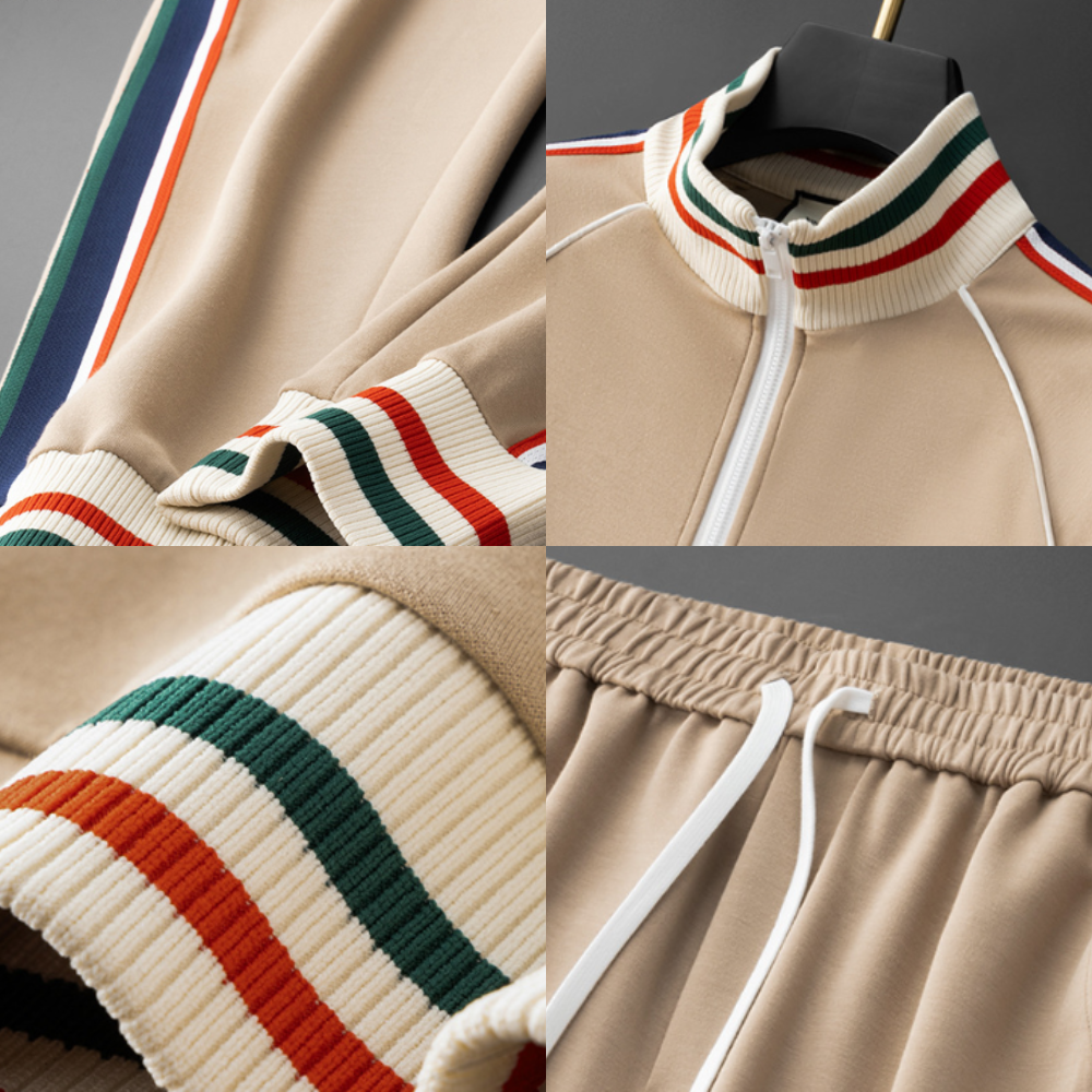 Collage of a beige tracksuit with colorful stripes on a hanger against a gray background.
