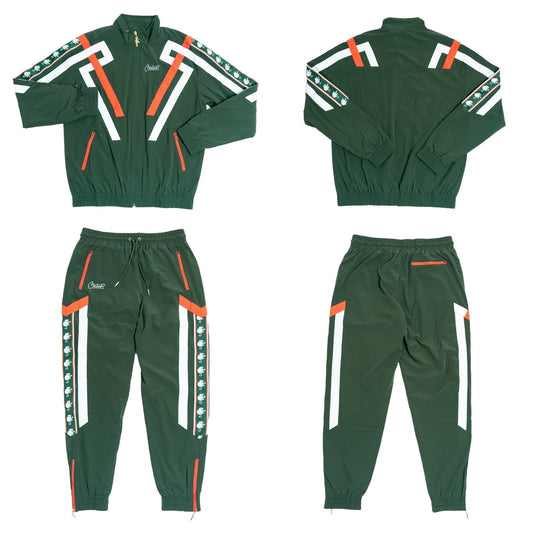 Green tracksuit with white and orange accents on a white background