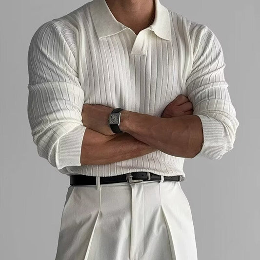 SUWON V-Neck Polo – Men’s Long Sleeve Tailored Fit Polo Shirt in Cotton-Viscose Blend