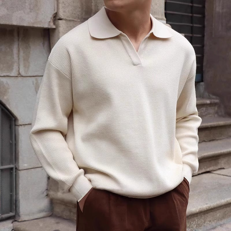 BUSAN Old Money V-Neck Polo – Men’s 100% Cotton Buttonless Long Sleeve Polo Shirt