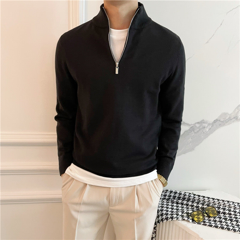 ANSEONG Men’s Fine Quarter Zip Sweater – 100% Cotton with High Neck Collar