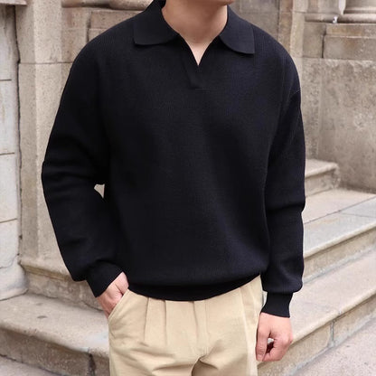 BUSAN Old Money V-Neck Polo – Men’s 100% Cotton Buttonless Long Sleeve Polo Shirt