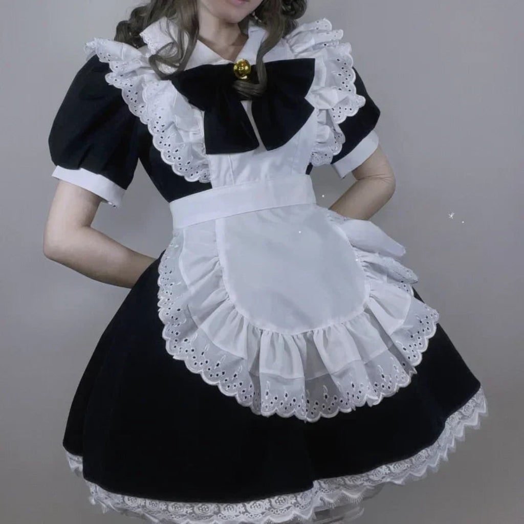 Ventayo – Elegant Gothic Maid Costume Set with Ruffled Dress & Apron for Halloween