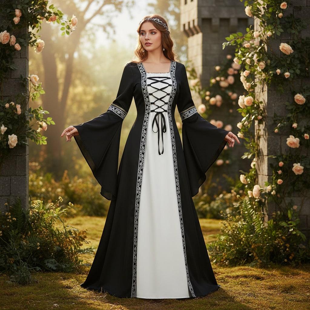Ventayo – Elegant Medieval Dress Costume for Women with Lace-Up Design | Perfect for Halloween and Themed Events