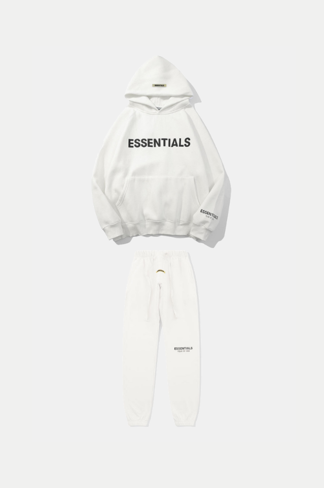 White hoodie and pants set with 'ESSENTIALS' text on a white background