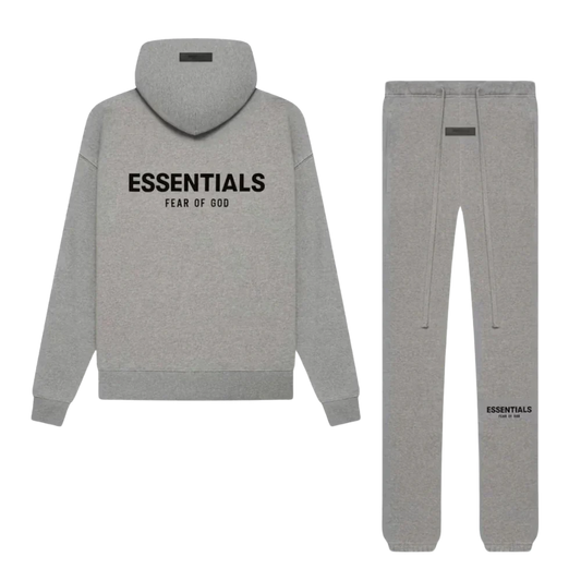 Gray hoodie and pants set with 'ESSENTIALS FEAR OF GOD' text on a white background