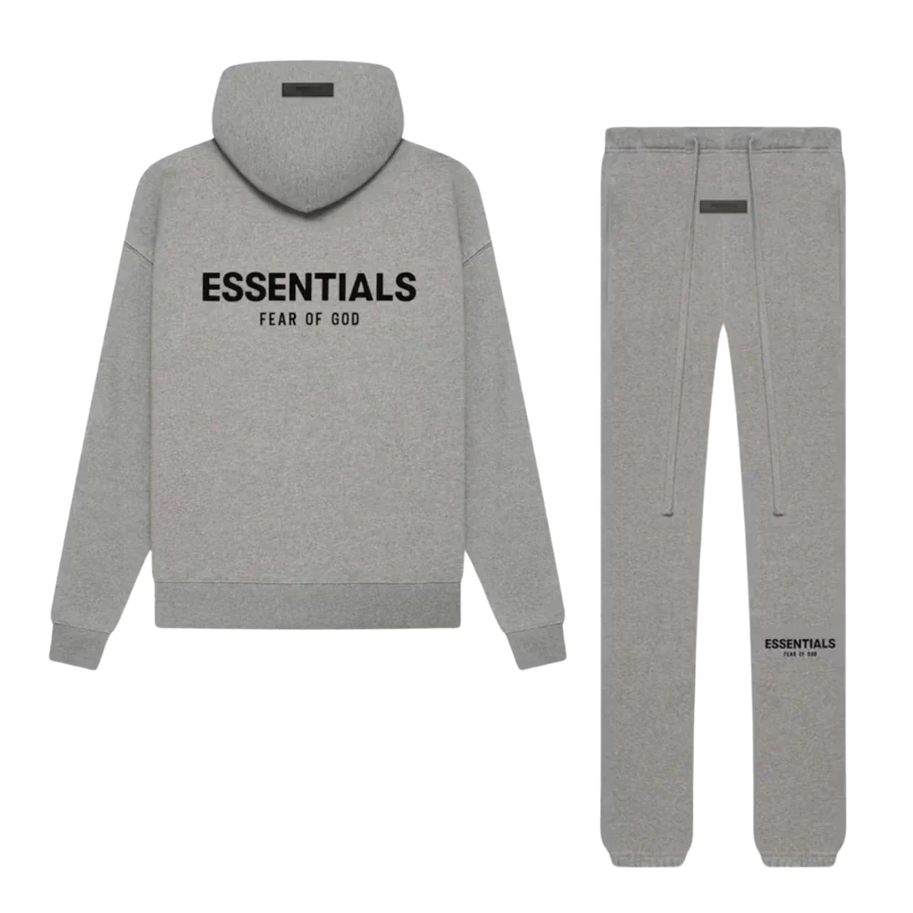 Gray hoodie and pants set with 'ESSENTIALS FEAR OF GOD' text on a white background
