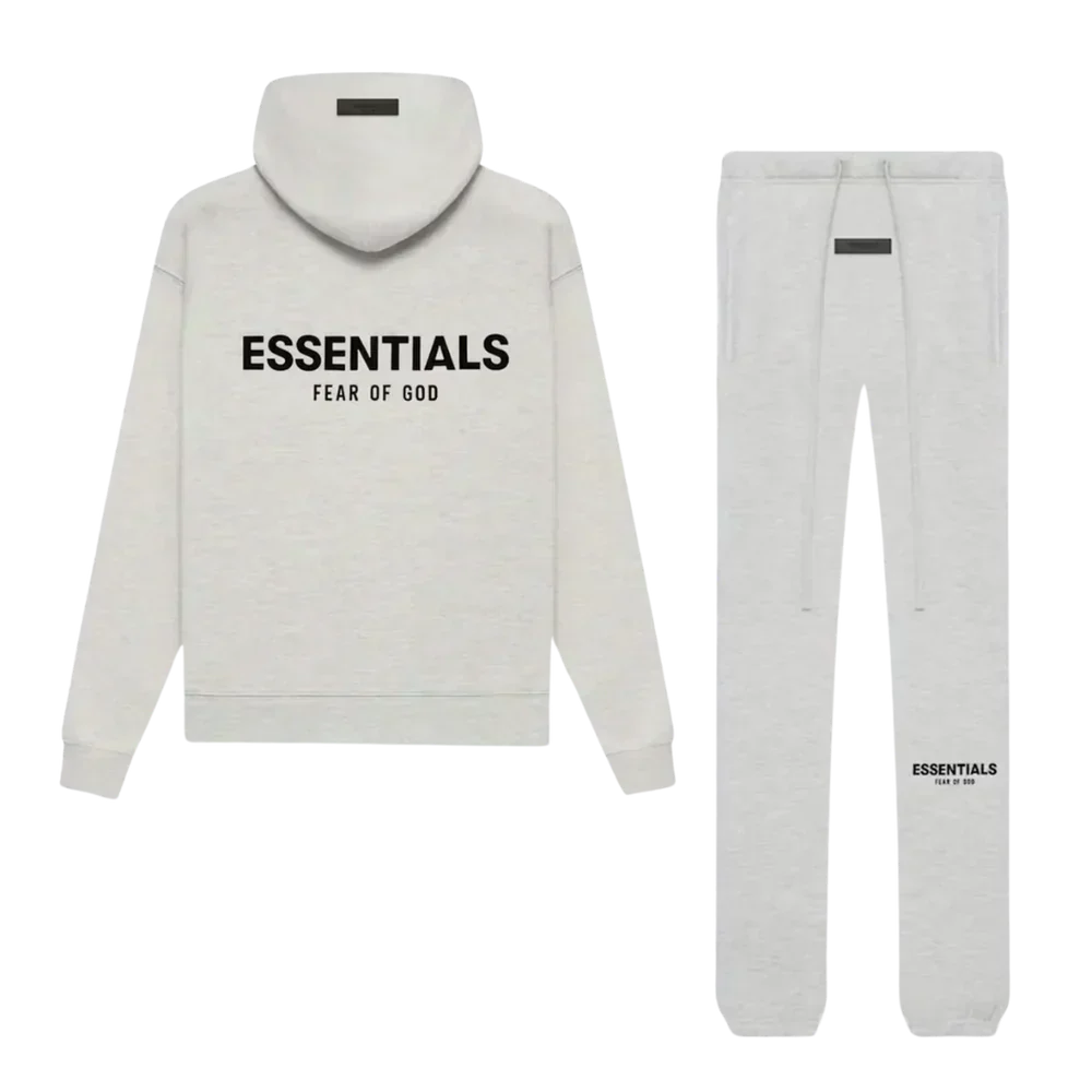 Gray hoodie and pants set with 'ESSENTIALS FEAR OF GOD' text on a white background