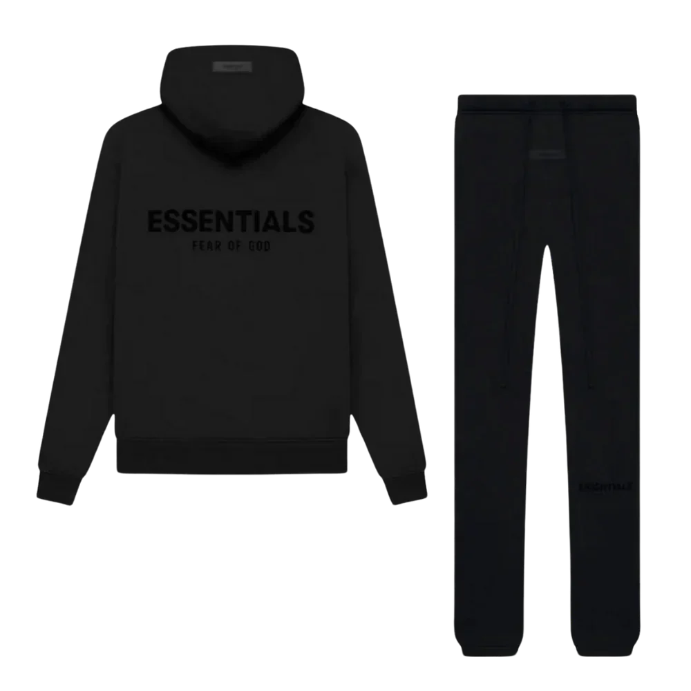 Black hoodie and pants set with 'ESSENTIALS' text on a white background