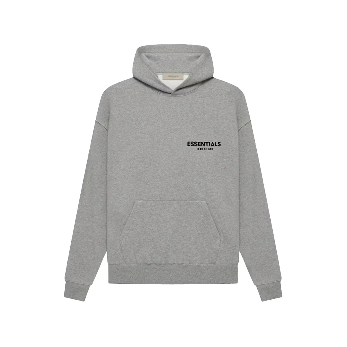 Gray hoodie with 'ESSENTIALS' text on a white background