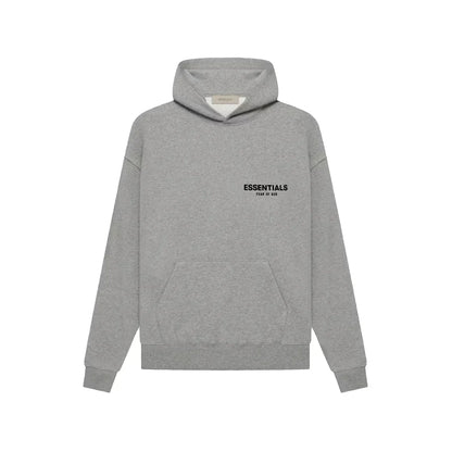 Gray hoodie with 'ESSENTIALS' text on a white background