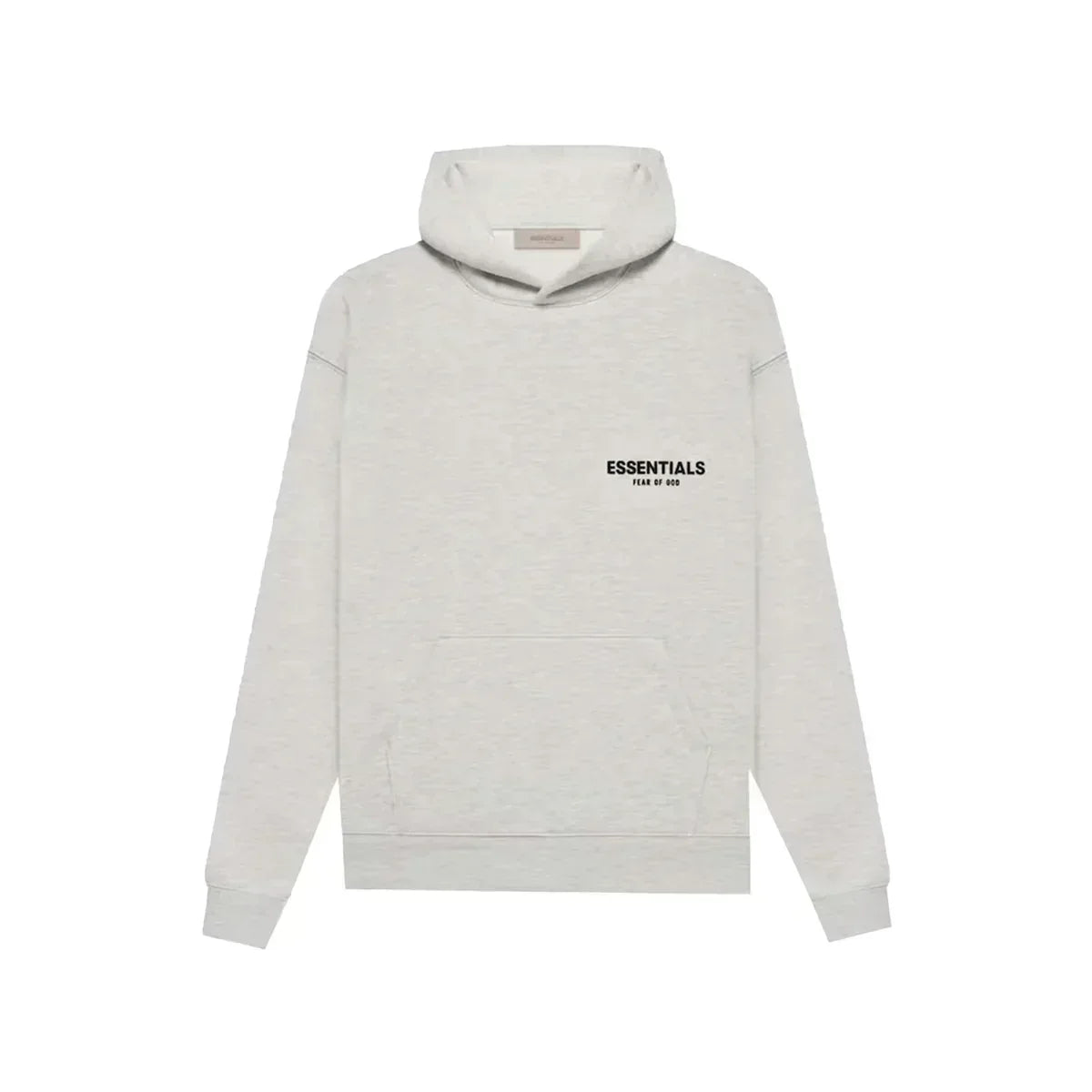 Light gray hoodie with 'ESSENTIALS' text on a white background