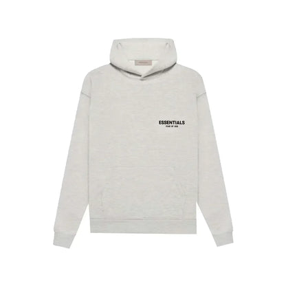 Light gray hoodie with 'ESSENTIALS' text on a white background