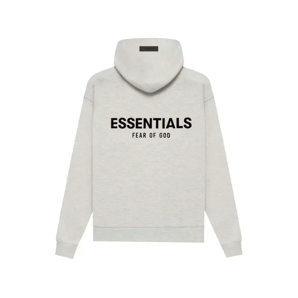 Gray hoodie with 'ESSENTIALS FEAR OF GOD' text on the back against a white background