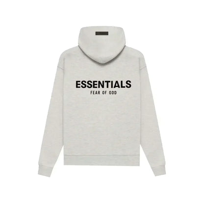 Gray hoodie with 'ESSENTIALS FEAR OF GOD' text on the back against a white background