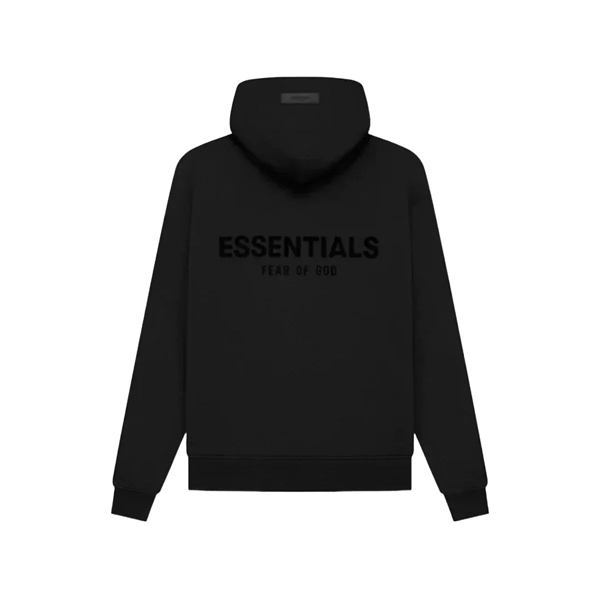 Black hoodie with 'ESSENTIALS' text on the back against a white background