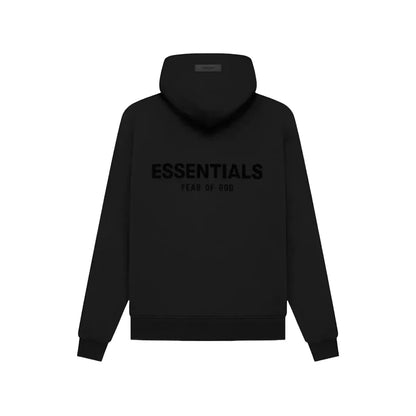 Black hoodie with 'ESSENTIALS' text on the back against a white background