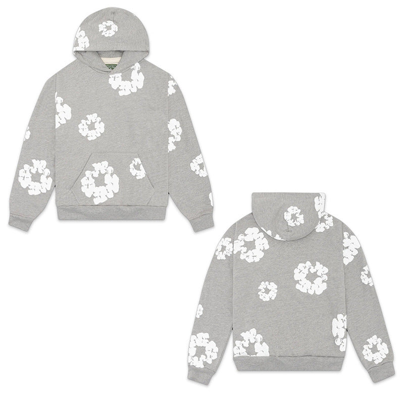 Gray hoodie with white floral patterns on a white background