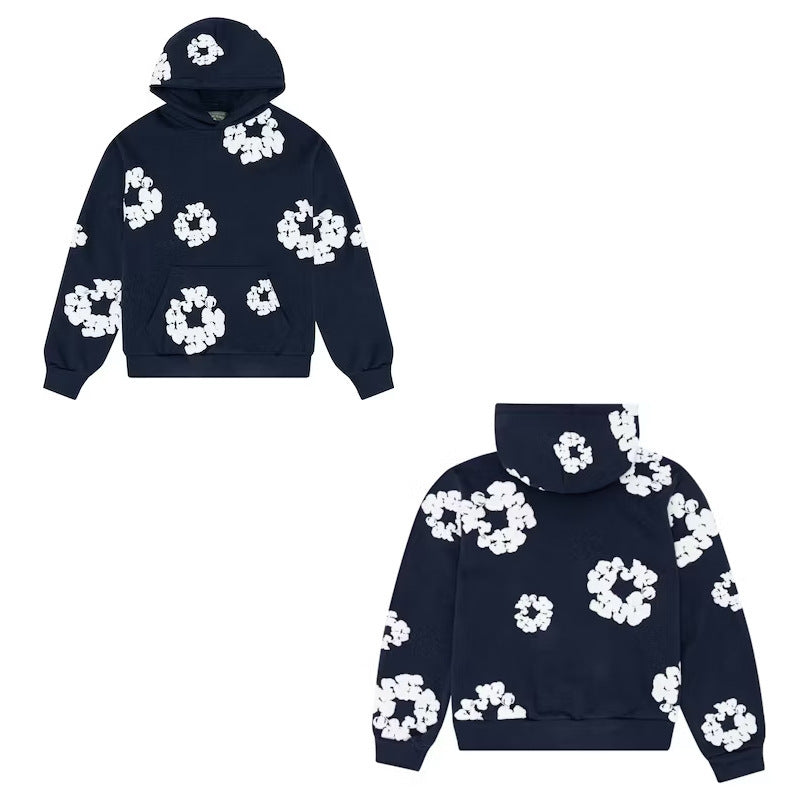 Navy hoodie with white floral patterns on a white background