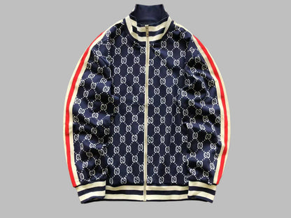 Navy blue jacket with red and white accents on a gray background