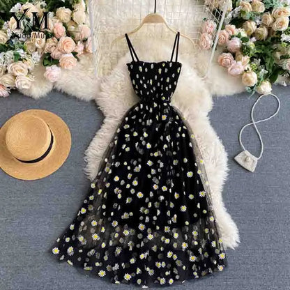 Korean Fashion Daisy Flower Print Mesh Party Dress