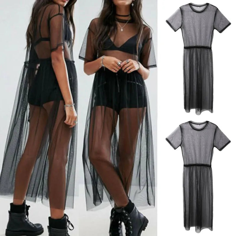 Sexy Women Party Evening Black  See Through Mesh Dress Sheer Maxi Dress