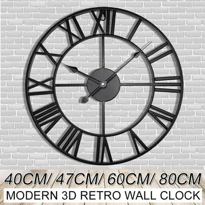 Modern 3D Large Retro Metal Wall Clock – Nordic Roman Numerals Design