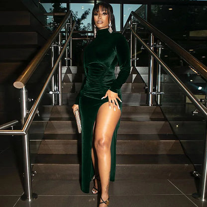 Sexy Streetwear Party Solid Velvet Long Sleeve Ruched Midi Dress