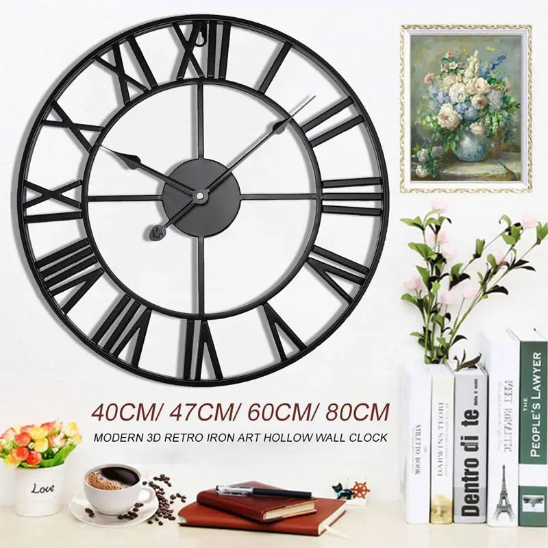Modern 3D Large Retro Metal Wall Clock – Nordic Roman Numerals Design