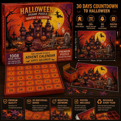 Halloween Advent Calendar Jigsaw Puzzle 1008 Piece, Haunted Castle Halloween Puzzle with 30 Boxes, Halloween Countdown Calendar – Ventayo