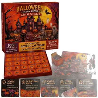 Halloween Advent Calendar Jigsaw Puzzle 1008 Piece, Haunted Castle Halloween Puzzle with 30 Boxes, Halloween Countdown Calendar – Ventayo