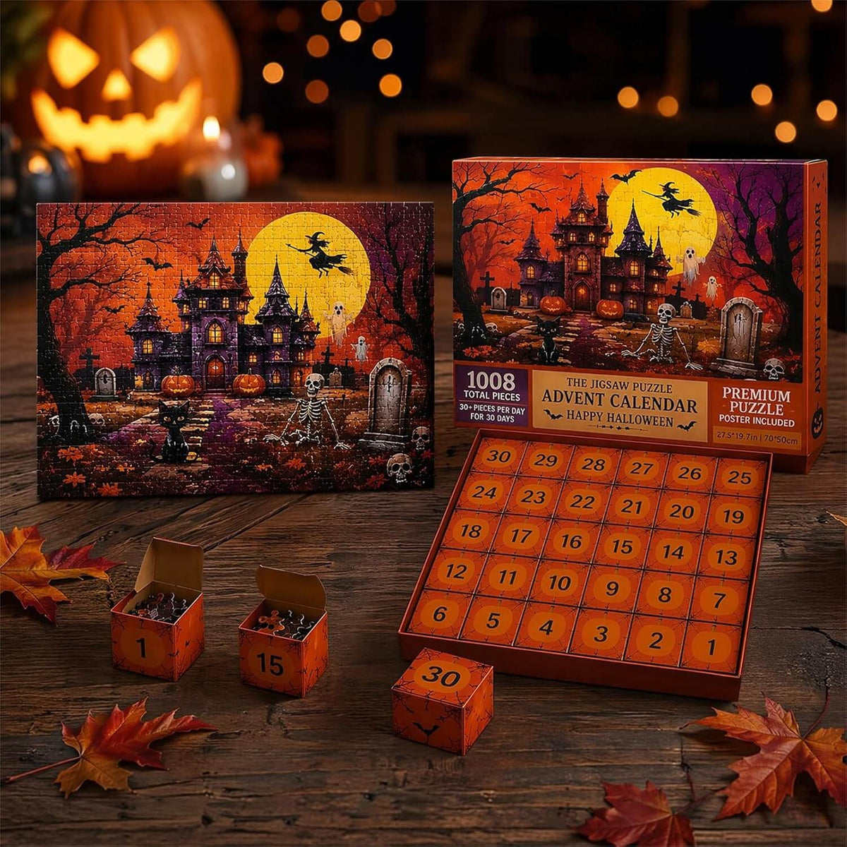 Halloween Advent Calendar Jigsaw Puzzle 1008 Piece, Haunted Castle Halloween Puzzle with 30 Boxes, Halloween Countdown Calendar – Ventayo