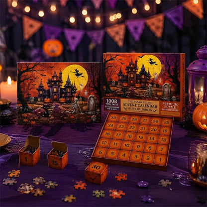 Halloween Advent Calendar Jigsaw Puzzle 1008 Piece, Haunted Castle Halloween Puzzle with 30 Boxes, Halloween Countdown Calendar – Ventayo