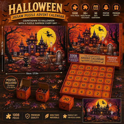 Halloween Advent Calendar Jigsaw Puzzle 1008 Piece, Haunted Castle Halloween Puzzle with 30 Boxes, Halloween Countdown Calendar – Ventayo