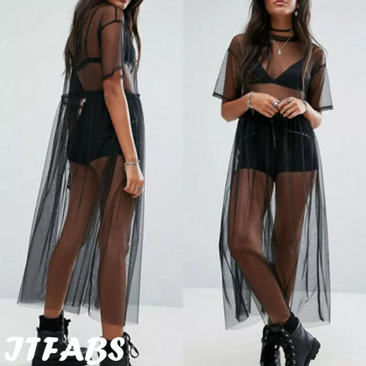 Sexy Women Party Evening Black  See Through Mesh Dress Sheer Maxi Dress