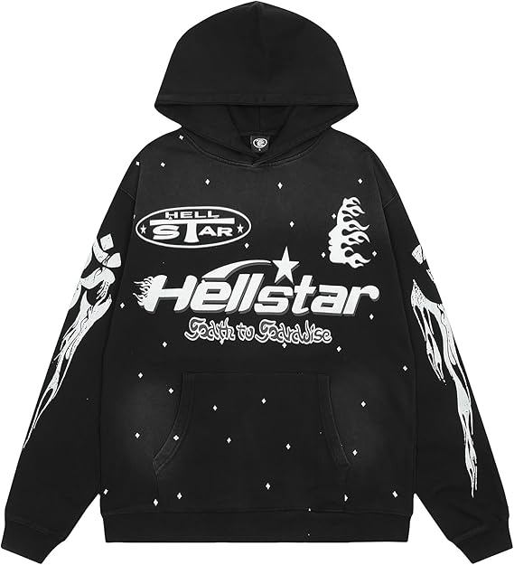 Black hoodie with white graphics and 'Hellstar' branding on a white background