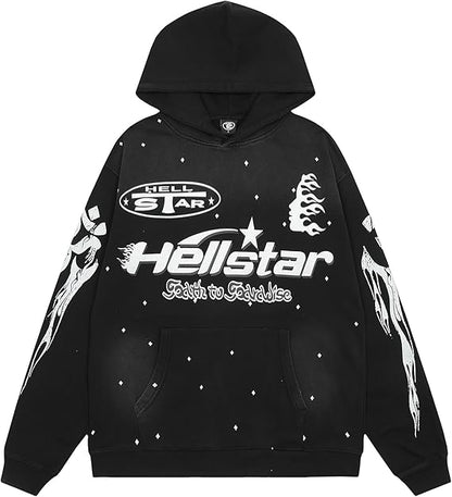 Black hoodie with white graphics and 'Hellstar' branding on a white background