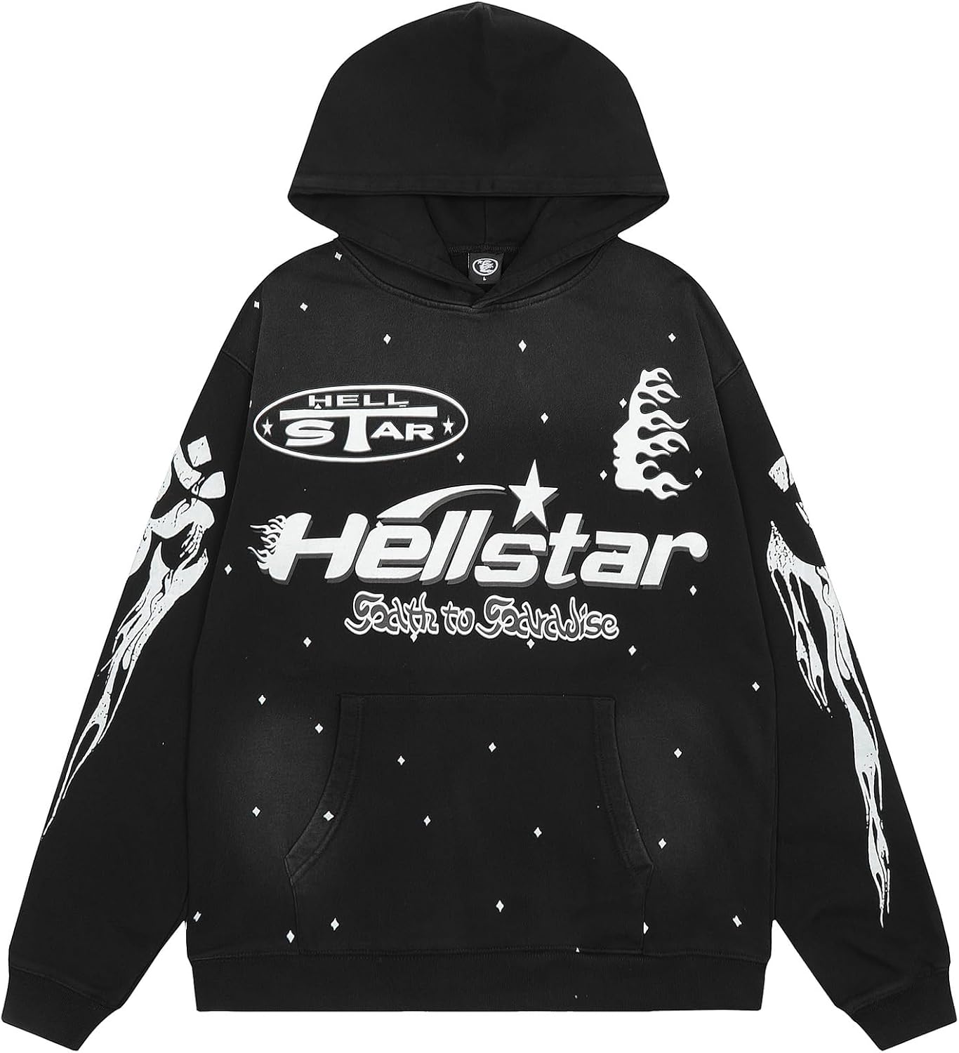 Black hoodie with 'Hellstar' logo and design on a white background