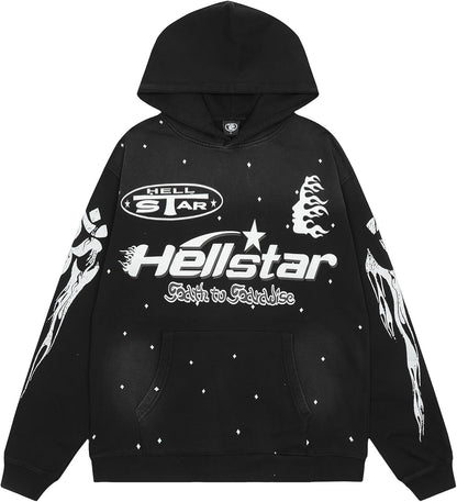 Black hoodie with 'Hellstar' logo and design on a white background