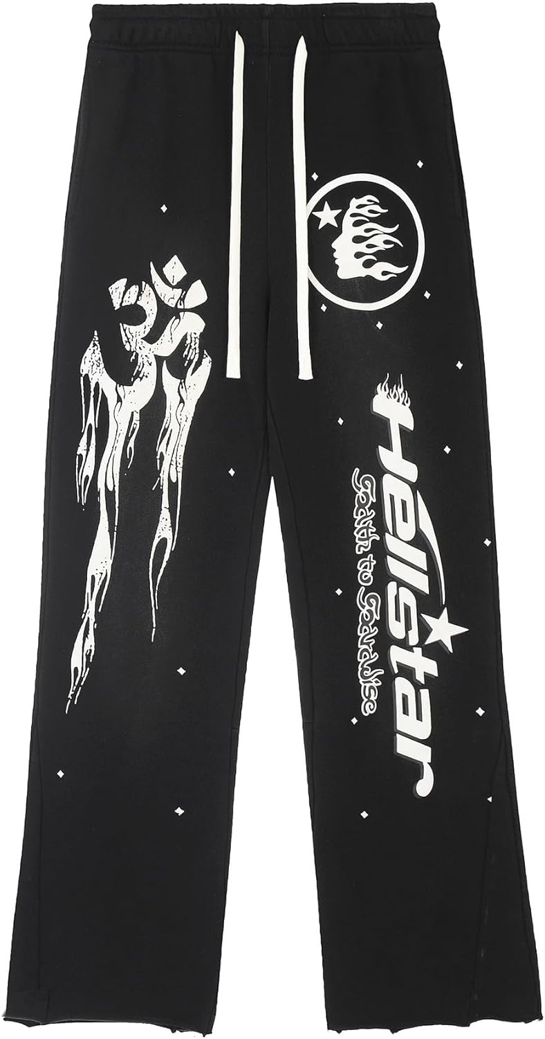 Black pants with white graphics and text on a white background