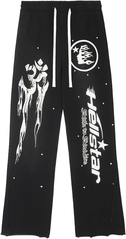 Black pants with white graphics and text on a white background