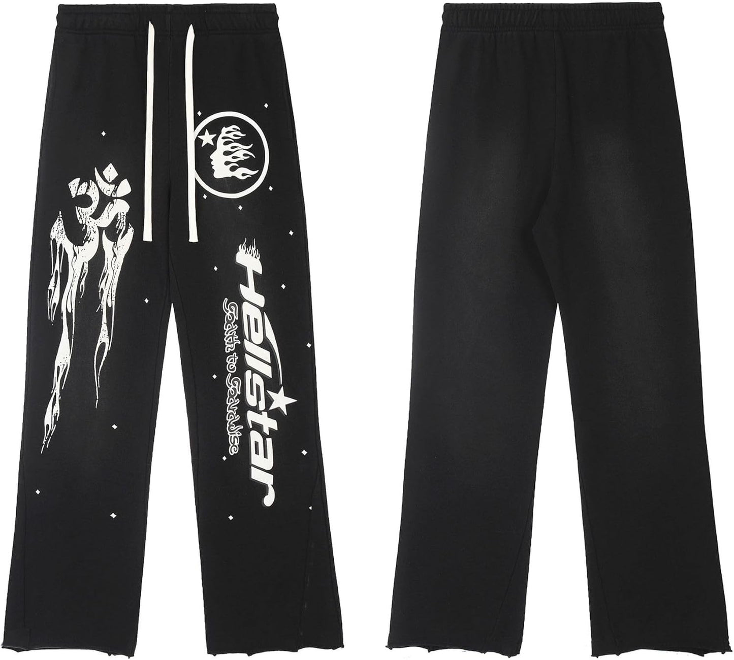Black pants with white graphics and text on a white background