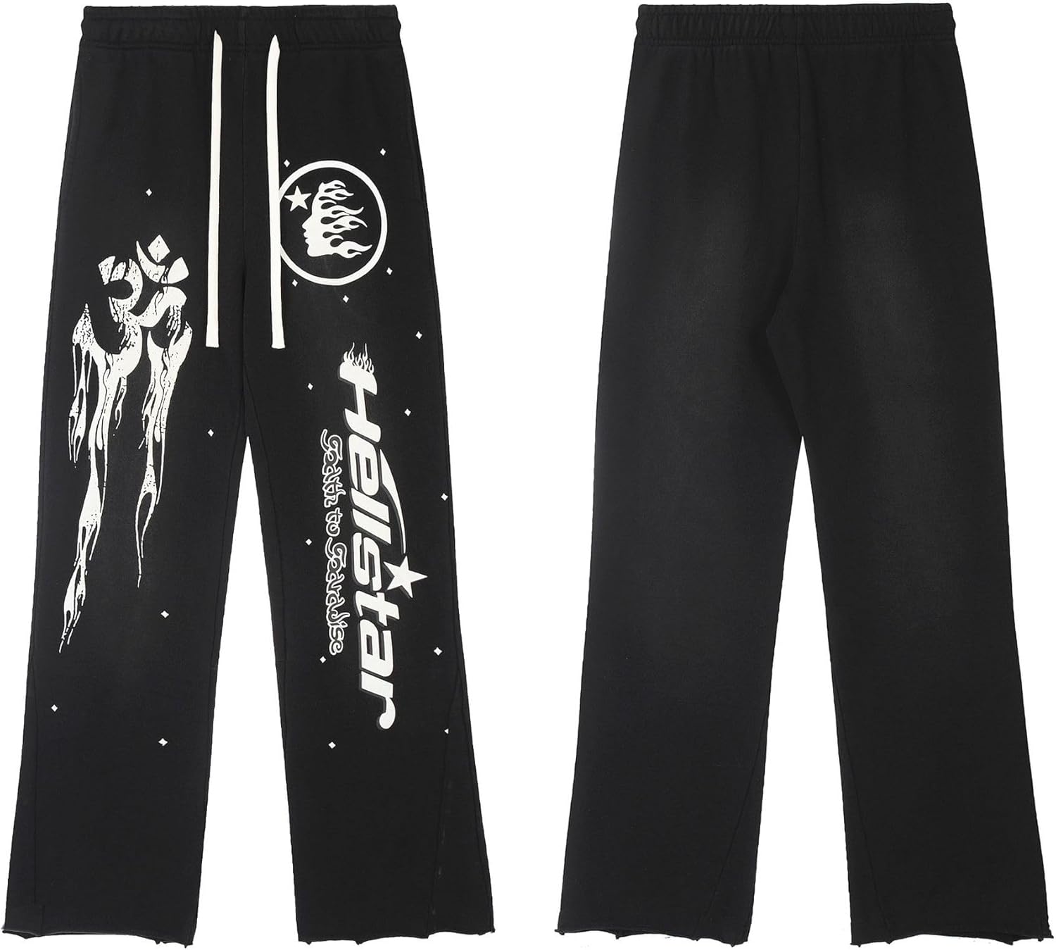 Black pants with white graphics and text on a white background