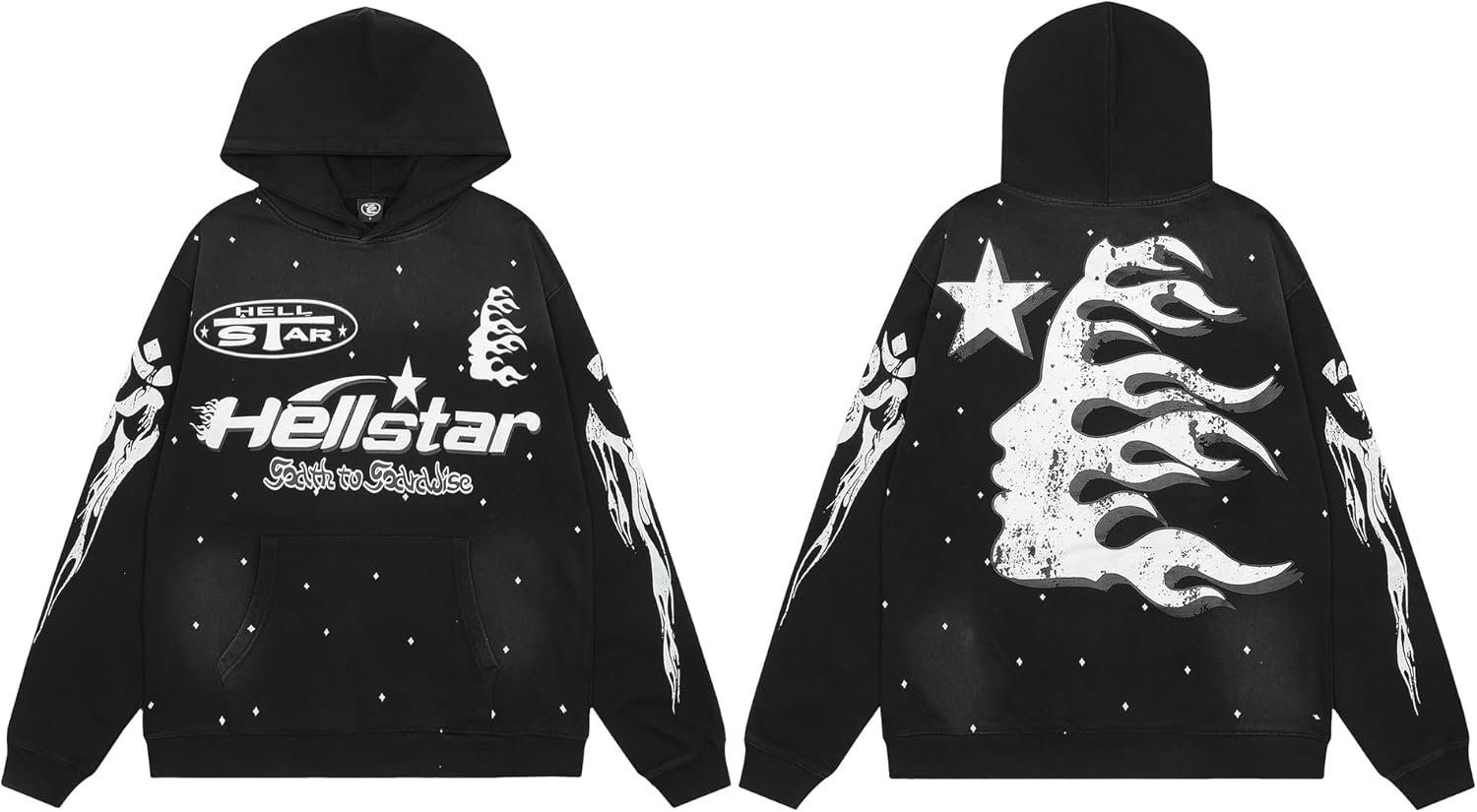 Black hoodie with 'Hellstar' branding on a white background