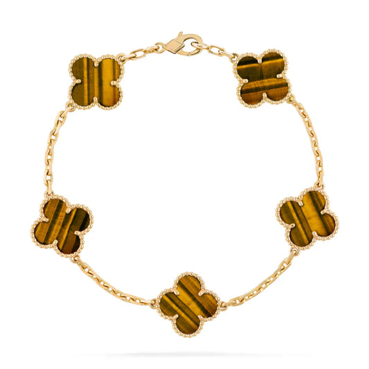 925 Sterling Silver Tiger Eye Gold Clover Bracelet
