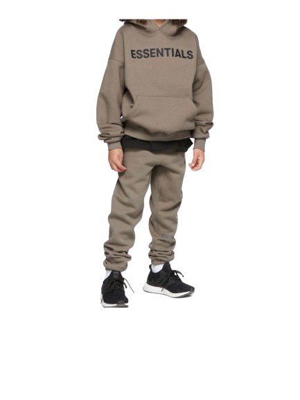 Person wearing a beige 'ESSENTIALS' hoodie and pants on a white background