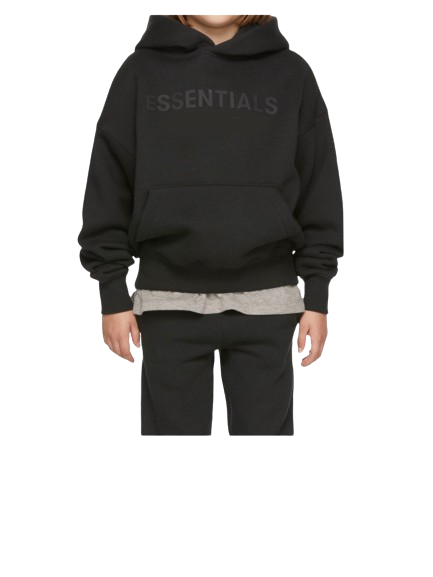 Person wearing a black hoodie with 'ESSENTIALS' text on a white background