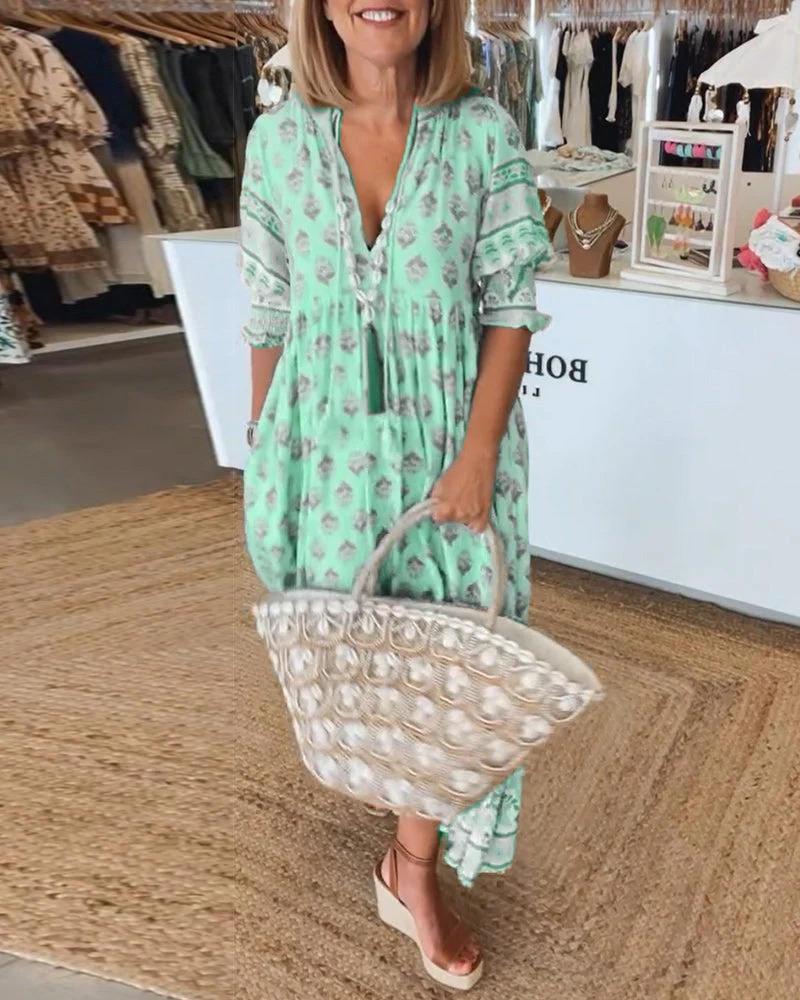 Womens Midi Summer Floral Dress V Neck